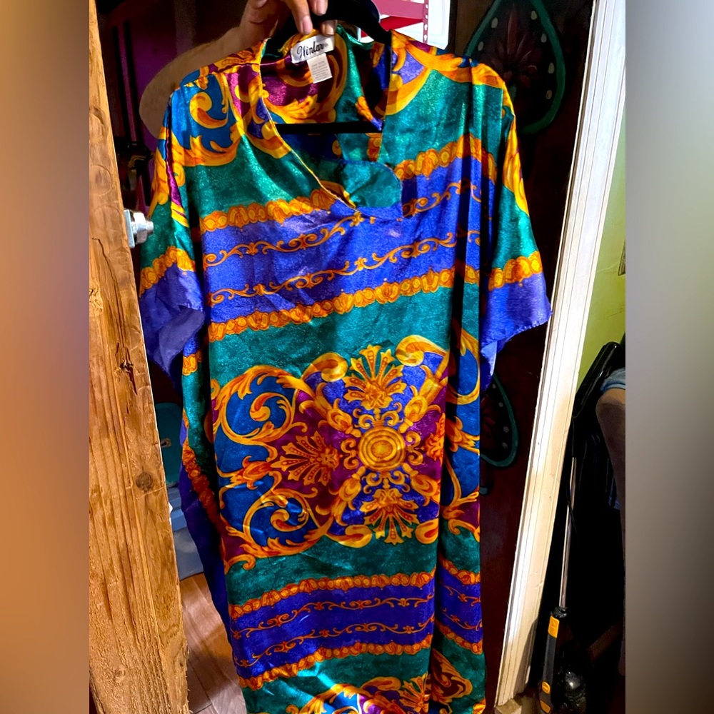 Winlar Vintage Ethnic Print Kaftan Mumu Dress Satin One Size Fits All